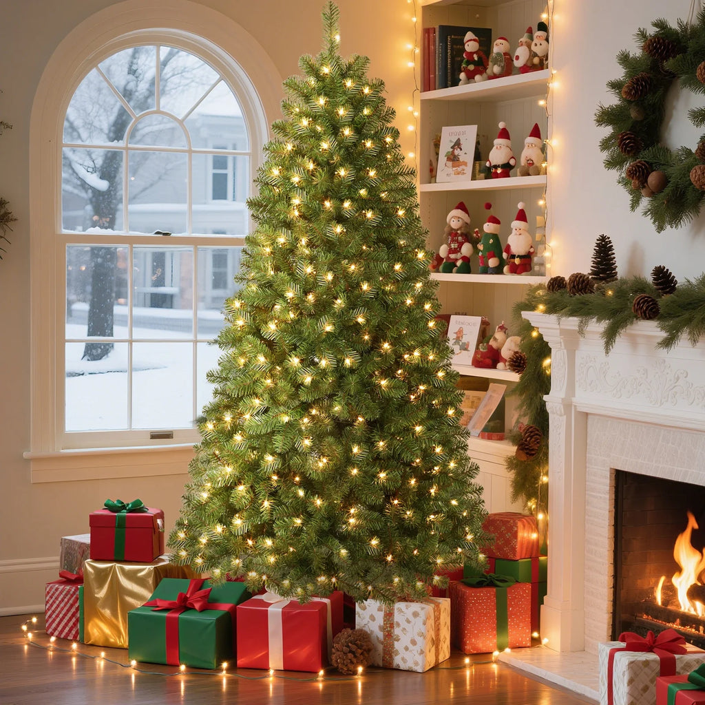 Alupssuc 7.5ft Pre-Lit Premium Artificial Hinged Christmas Tree w/ Warm White Lights, Perfect Choice for Christmas Decoration