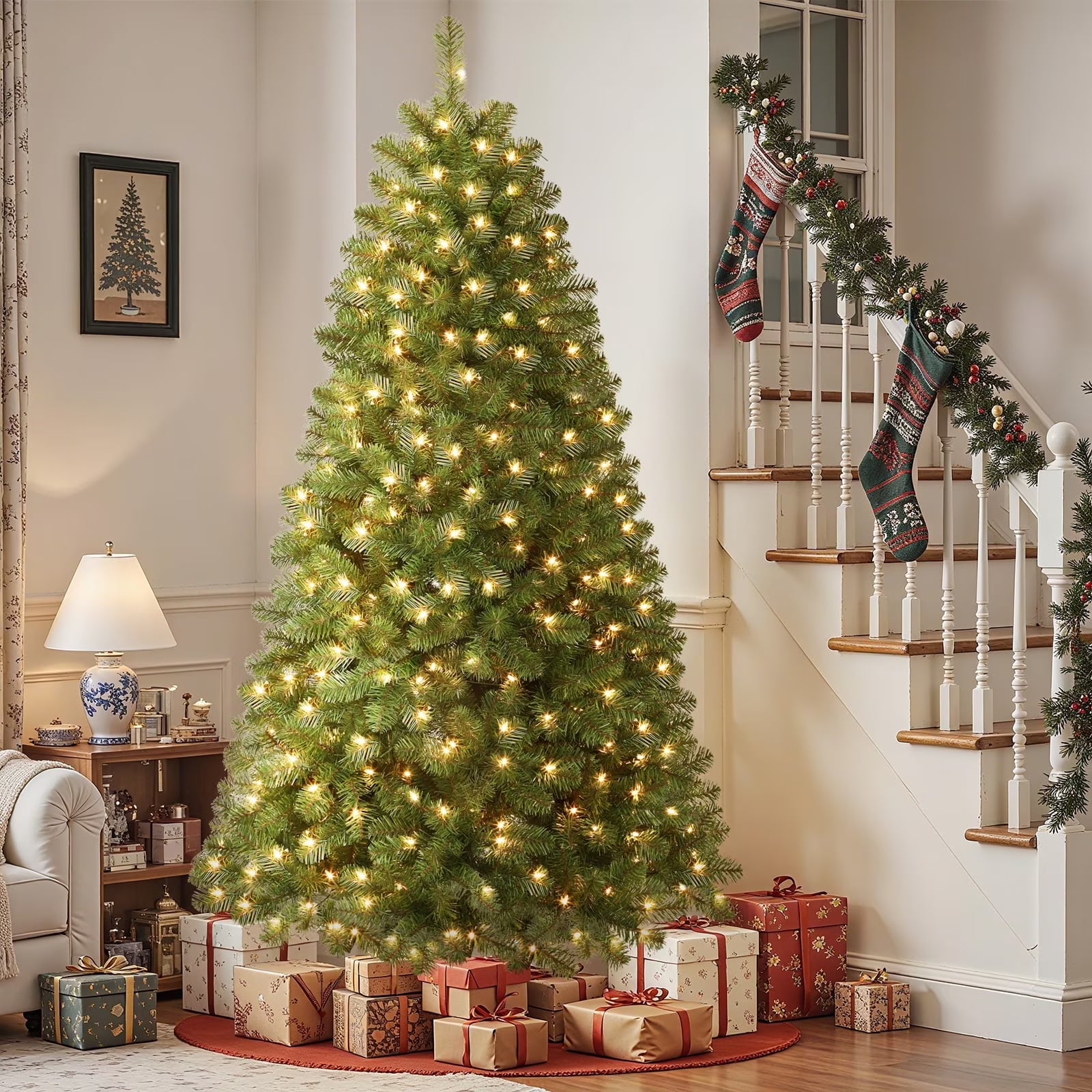 Alupssuc 7.5ft Pre-Lit Premium Artificial Hinged Christmas Tree w/ Warm White Lights, Perfect Choice for Christmas Decoration